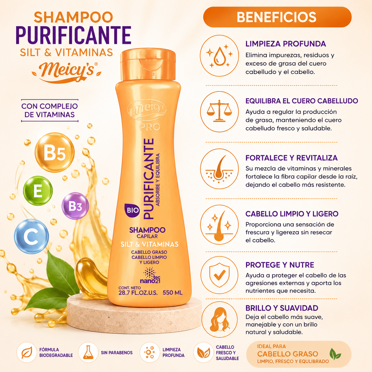Shampoo Purificante Silt & Vitaminas Meicy's